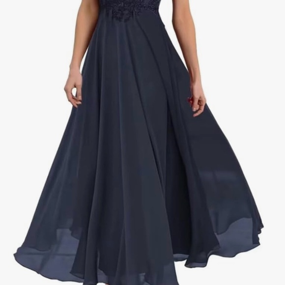 Dress Tea Length Lace Appliques V Neck Navy Blue Chiffon Short Sleeves sz 10 NEW - Picture 2 of 4